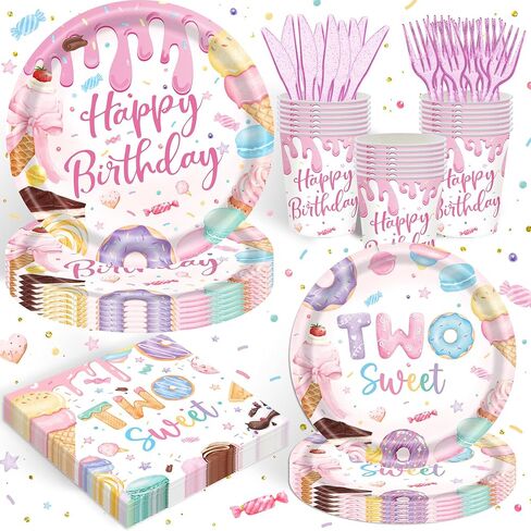 120 قطعة من لوازم حفلات أعياد الميلاد الحلوة، اثنتين من زينة الآيس كريم على شكل دونات حلوة لطفلة في عيد الميلاد الثاني، مجموعة أدوات مائدة من الأطباق والمناديل والأكواب لـ 20 ضيفًا in Saudi Arabia