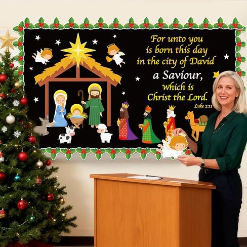 Geyoga Christmas Nativity Bulletin Board Set Christian Nativity Classroom Decorations Religious Holiday Baby Jesus Star Christ Bulletin Board Cutouts Winter Sunday School Church Preschool Wall Door in Kuwait