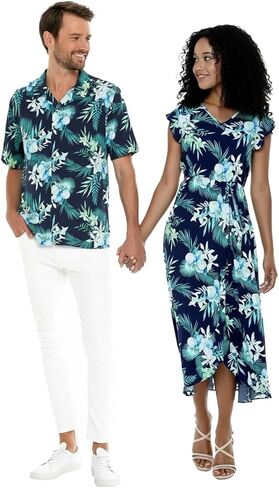 Matchable Couple Hawaiian Luau Shirt or Wrap Ruffle Dress in Orchid Breeze Navy in Saudi Arabia