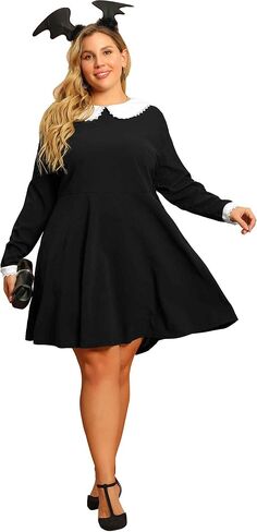Agnes Orinda Plus Size Dresses for Women Long Sleeve Doll Collars Peter Pan Collar A-line Flare Midi Dress in Saudi Arabia