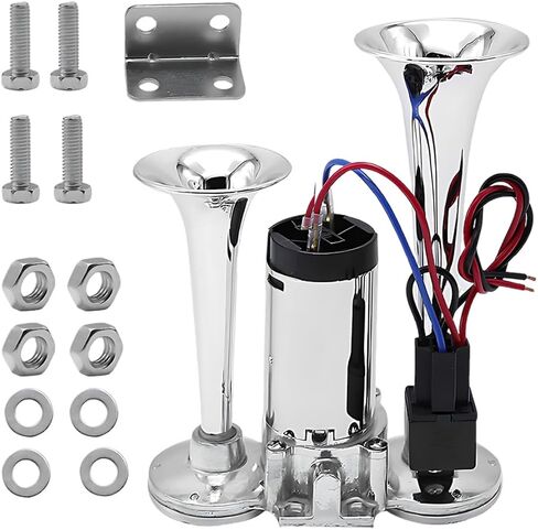12V 130dB Dual Trumpet Air Horn Kit with Compressor - Loud Dual Electric Train Horn for Cars Boats Trucks SUV - High/Low Tube Air Horns Speaker Kit Car Accessories (Sliver) in Saudi Arabia