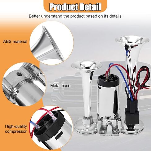 12V 130dB Dual Trumpet Air Horn Kit with Compressor - Loud Dual Electric Train Horn for Cars Boats Trucks SUV - High/Low Tube Air Horns Speaker Kit Car Accessories (Sliver) in Saudi Arabia