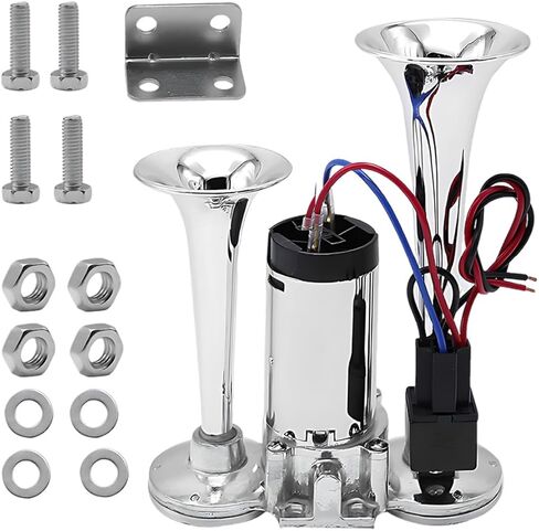 12V 130dB Dual Trumpet Air Horn Kit with Compressor - Loud Dual Electric Train Horn for Cars Boats Trucks SUV - High/Low Tube Air Horns Speaker Kit Car Accessories (Sliver) in Kuwait