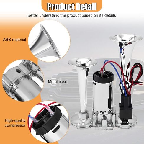 12V 130dB Dual Trumpet Air Horn Kit with Compressor - Loud Dual Electric Train Horn for Cars Boats Trucks SUV - High/Low Tube Air Horns Speaker Kit Car Accessories (Sliver) in Kuwait