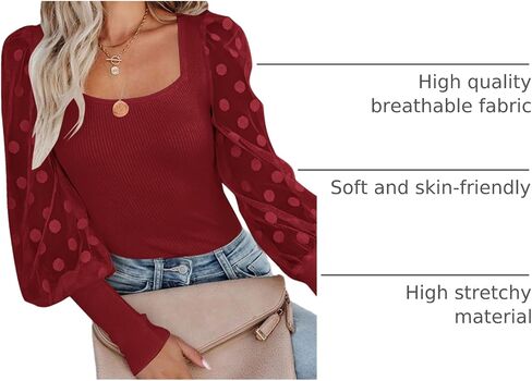 LYANER Women’s Square Neck Blouse Sheer Mesh Lantern Sleeve Polka Dot Knit Business Casual Tops Shirts in Saudi Arabia