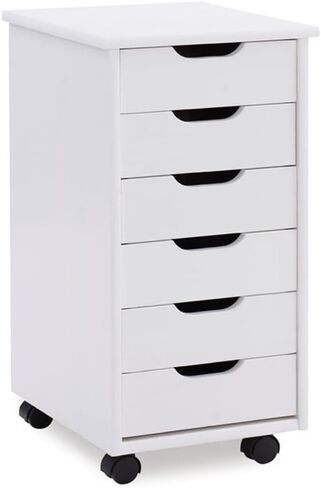 Riverbay Furniture Six Drawer Wood Rolling Storage Cart in White Wash in Saudi Arabia