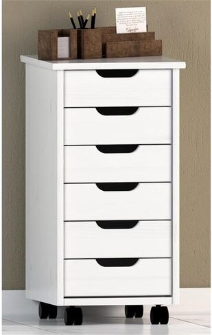 Riverbay Furniture Six Drawer Wood Rolling Storage Cart in White Wash in Saudi Arabia