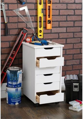 Riverbay Furniture Six Drawer Wood Rolling Storage Cart in White Wash in Saudi Arabia