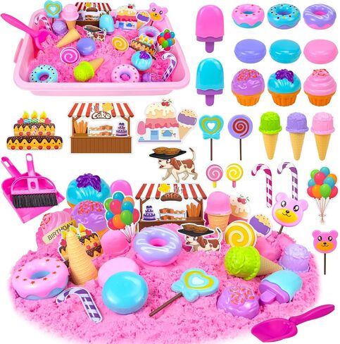 Sensory Bin, Ice Cream Play Sand Set with Magic Sand Toy for Kids, Ice Cream Toys Molds and Cleaning Tools Sandbox with Lid Sand Art Kits for Girls Toddlers Birthday Christmas Gift in Saudi Arabia