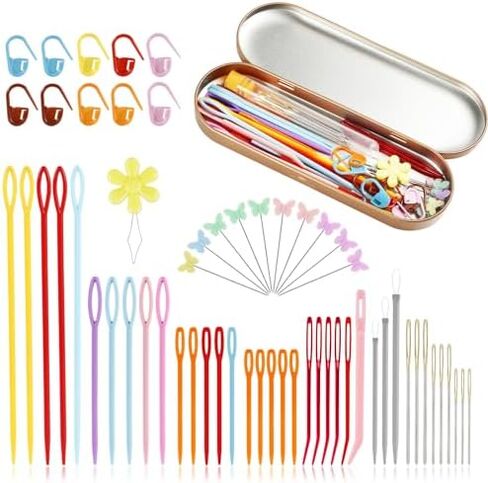 61pcs Yarn Needles Set, Colorful Bent Tapestry Needle Large Eye Blunt Needles Weaving Hand Sewing Needle for Crochet Projects, with Needle Threader, Knitting Markers, Storage Box in Saudi Arabia