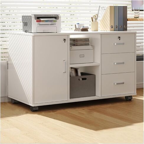 File Cabinets Office File Cabinet Under Desk Storage Cabinet Three Drawers Two Compartments One Door Storage Cabinet Wooden Locking Plant Sideboards File Storage Cabinets(White) in Saudi Arabia