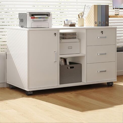 File Cabinets Office File Cabinet Under Desk Storage Cabinet Three Drawers Two Compartments One Door Storage Cabinet Wooden Locking Plant Sideboards File Storage Cabinets(White) in Saudi Arabia