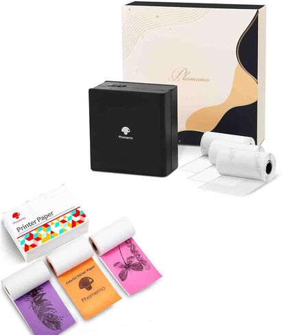 مجموعة هدايا طابعة Phomemo Mini Note - M02 ocket طابعة متنقلة صغيرة تعمل بتقنية البلوتوث الحرارية مع 3 لفات من الورق، لطباعة الصور والنصوص وملاحظات الدراسة، ملصق DIY، هدية، أسود in Saudi Arabia