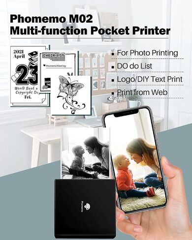 مجموعة هدايا طابعة Phomemo Mini Note - M02 ocket طابعة متنقلة صغيرة تعمل بتقنية البلوتوث الحرارية مع 3 لفات من الورق، لطباعة الصور والنصوص وملاحظات الدراسة، ملصق DIY، هدية، أسود in Saudi Arabia
