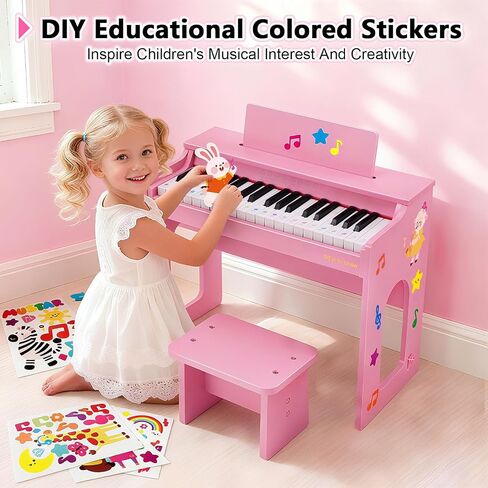 Kids Piano Keyboard, 37 Keys Wooden Digital Piano for Kids with Bench,Song Book, DIY Stickers, Cover, Education Creative Musical Instruments Toy for Boys & Grils Gifts in Saudi Arabia