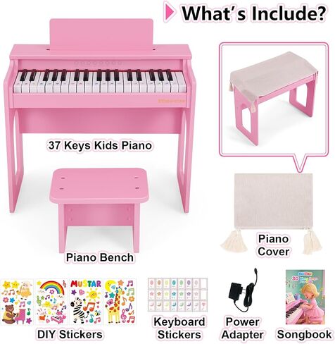Kids Piano Keyboard, 37 Keys Wooden Digital Piano for Kids with Bench,Song Book, DIY Stickers, Cover, Education Creative Musical Instruments Toy for Boys & Grils Gifts in Saudi Arabia