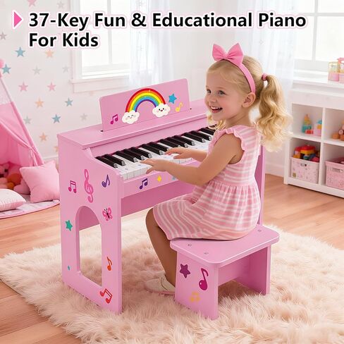 Kids Piano Keyboard, 37 Keys Wooden Digital Piano for Kids with Bench,Song Book, DIY Stickers, Cover, Education Creative Musical Instruments Toy for Boys & Grils Gifts in Saudi Arabia