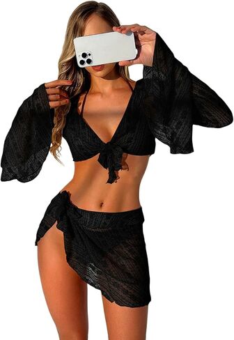 COZYEASE Women's 4 Piece Bikini Set Cheeky Halter Triangle Swimsuit Set Sheer Knot Bathing Suit Cover Up Set in Saudi Arabia