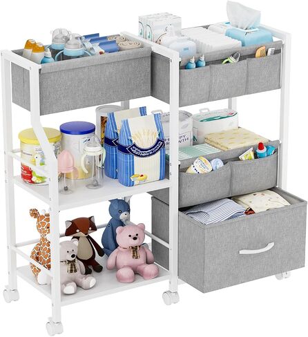 Baby Diaper Caddy Organizer and Storage, 3-Tier Rolling Wheels Cart with Dividers and Shelves, Bedside Utility Cart for Nursery Essentials, Large Capacity Mobile Storage Cart for Crib, White in Saudi Arabia