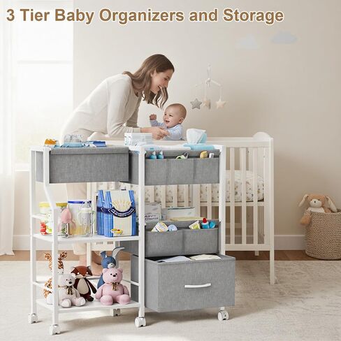 Baby Diaper Caddy Organizer and Storage, 3-Tier Rolling Wheels Cart with Dividers and Shelves, Bedside Utility Cart for Nursery Essentials, Large Capacity Mobile Storage Cart for Crib, White in Saudi Arabia