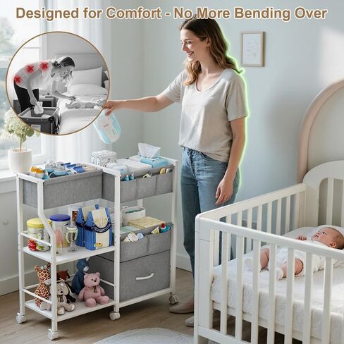Baby Diaper Caddy Organizer and Storage, 3-Tier Rolling Wheels Cart with Dividers and Shelves, Bedside Utility Cart for Nursery Essentials, Large Capacity Mobile Storage Cart for Crib, White in Saudi Arabia