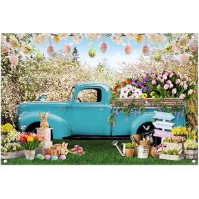 ZTHMOE 7x5ft Fabric Spring Easter Photography Backdrop Blue Truck Colorful Eggs Flowers Rabbit Background Tulip Floral Forest Photo Tapestry Booth Props in Kuwait
