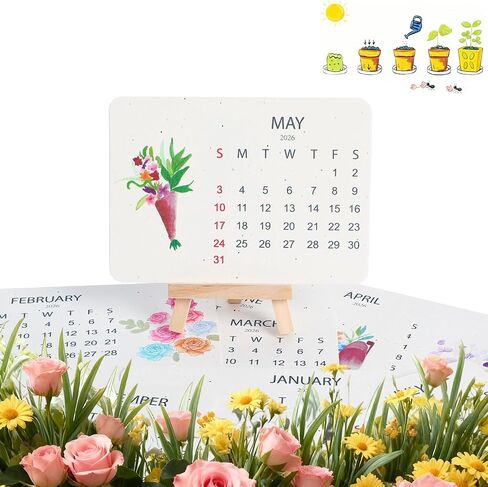 تقويم بذور الحب القابلة للزراعة صديق للبيئة 2026، مخطط تقويمات تخضير حديثة مثالية، مخطط أخضر شهري مستدام مع حامل، زهرة برية، بذور الأعشاب والفواكه للحديقة والديكور in Kuwait