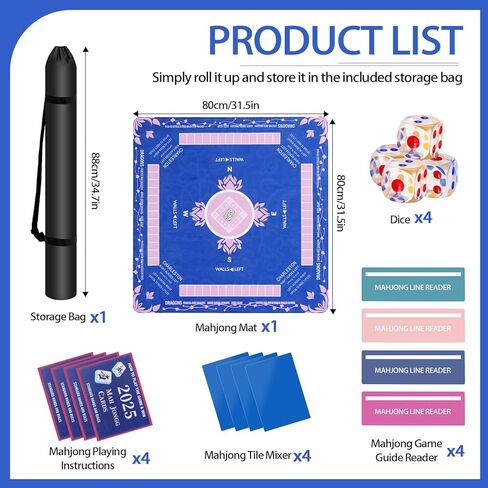 Mahjong Mat - Non-Slip Noise Reduction Gaming Mat【3mm Thick】, American Mahjong Mat with 4Rules, 4mahjong line Finder, 4Tile Mixer, 4Dice & Carrying Bag for Table, Board Games, Tile Games and Cards in Kuwait