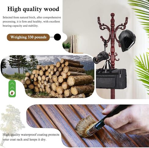 Coat Rack Stand, Solid Wooden Coat Tree with 14 Hooks, Heavy Duty Coat Rack Freestanding with Sturdy Round Base, Natural Birch Wood Coat Hanger Stand for Entryway Bedroom (Rosewood) in Kuwait