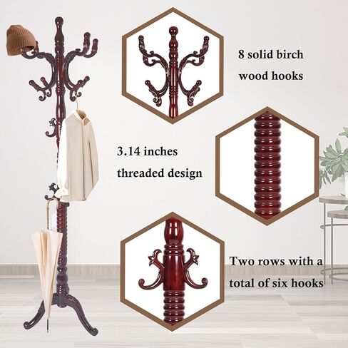Coat Rack Stand, Solid Wooden Coat Tree with 14 Hooks, Heavy Duty Coat Rack Freestanding with Sturdy Round Base, Natural Birch Wood Coat Hanger Stand for Entryway Bedroom (Rosewood) in Kuwait