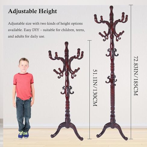 Coat Rack Stand, Solid Wooden Coat Tree with 14 Hooks, Heavy Duty Coat Rack Freestanding with Sturdy Round Base, Natural Birch Wood Coat Hanger Stand for Entryway Bedroom (Rosewood) in Kuwait