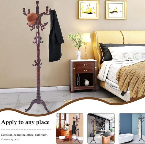 Coat Rack Stand, Solid Wooden Coat Tree with 14 Hooks, Heavy Duty Coat Rack Freestanding with Sturdy Round Base, Natural Birch Wood Coat Hanger Stand for Entryway Bedroom (Rosewood) in Kuwait