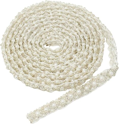 2 Yards Elegant Imitation Pearl Beaded Trim Bridal Lace Ribbon Trimming Edge Strapes DIY Clothing Accessories for Wedding Dress Sewing and Decoration in Saudi Arabia