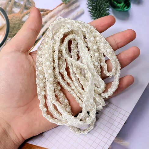 2 Yards Elegant Imitation Pearl Beaded Trim Bridal Lace Ribbon Trimming Edge Strapes DIY Clothing Accessories for Wedding Dress Sewing and Decoration in Saudi Arabia