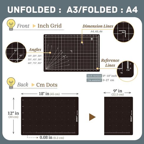 iMAT Flip Cutting Mat_Note A3 (إصدار بوصة)، 12 بوصة × 18 بوصة، قابلة للطي، أمامية: شبكة بوصة، خلفية: نقاط سم، مناسبة للحرف اليدوية، قطع المواد الورقية، الفن التصويري الإبداعي، والمزيد (رمادي رمادي) in Saudi Arabia