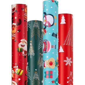 ورق تغليف عيد الميلاد (4 لفات، 93 قدم مربع. ttl): رجال ثلج مضحكون، ورقائق الثلج، والرنة، والدب، وأشجار عيد الميلاد وسانتا كلوز مع تصميم هدايا لتغليف هدايا العطلات - 17 بوصة × 16.5 قدم لكل لفة in Kuwait