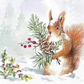 Set of 2 Individual Decoupage Paper Party Napkin Christmas Squirrel Forest Winter Watercolor Decor Luncheon Napkins for a Birthday Holiday, Wedding, Cocktail Party in Kuwait
