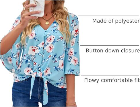 luvamia Women's V Neck Tops 3/4 Sleeve Tie Knot Floral Blouses Button Down Shirts in Saudi Arabia