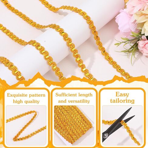 38 ياردة زخرفة نسيج ذهبي 0.39 بوصة واسعة جديلة الأعرج شريط بوليستر ذهبي دانتيل شريط S على شكل زخرفي منسوج ذهبي لخياطة الزفاف DIY الحرف اليدوية الملابس والمجوهرات ستارة ديكور المنزل in Kuwait