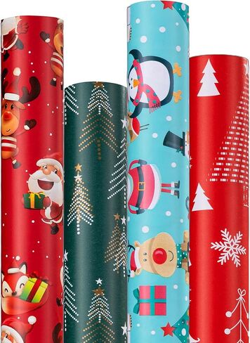 ورق تغليف عيد الميلاد (4 لفات، 93 قدم مربع. ttl): رجال ثلج مضحكون، ورقائق الثلج، والرنة، والدب، وأشجار عيد الميلاد وسانتا كلوز مع تصميم هدايا لتغليف هدايا العطلات - 17 بوصة × 16.5 قدم لكل لفة in Kuwait
