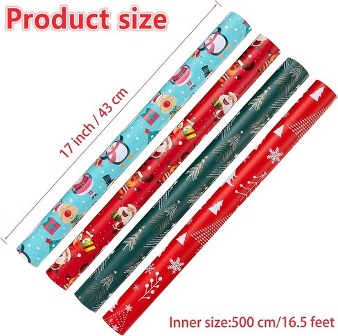 ورق تغليف عيد الميلاد (4 لفات، 93 قدم مربع. ttl): رجال ثلج مضحكون، ورقائق الثلج، والرنة، والدب، وأشجار عيد الميلاد وسانتا كلوز مع تصميم هدايا لتغليف هدايا العطلات - 17 بوصة × 16.5 قدم لكل لفة in Kuwait