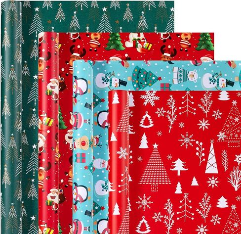 ورق تغليف عيد الميلاد (4 لفات، 93 قدم مربع. ttl): رجال ثلج مضحكون، ورقائق الثلج، والرنة، والدب، وأشجار عيد الميلاد وسانتا كلوز مع تصميم هدايا لتغليف هدايا العطلات - 17 بوصة × 16.5 قدم لكل لفة in Kuwait