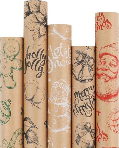 WRAP STORM Christmas Wrapping Paper – 5 Kraft Rolls 17"x120" with Vintage Designs – Snowmen, Trees, Stamps – Gift Wrap for Xmas & Holiday Presents in Saudi Arabia