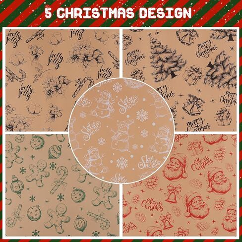 WRAP STORM Christmas Wrapping Paper – 5 Kraft Rolls 17"x120" with Vintage Designs – Snowmen, Trees, Stamps – Gift Wrap for Xmas & Holiday Presents in Saudi Arabia