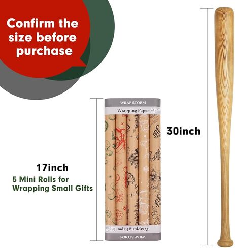 WRAP STORM Christmas Wrapping Paper – 5 Kraft Rolls 17"x120" with Vintage Designs – Snowmen, Trees, Stamps – Gift Wrap for Xmas & Holiday Presents in Saudi Arabia
