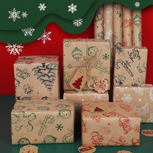 WRAP STORM Christmas Wrapping Paper – 5 Kraft Rolls 17"x120" with Vintage Designs – Snowmen, Trees, Stamps – Gift Wrap for Xmas & Holiday Presents in Saudi Arabia