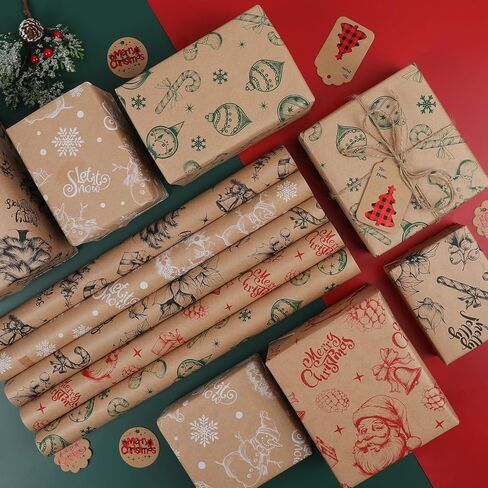 WRAP STORM Christmas Wrapping Paper – 5 Kraft Rolls 17"x120" with Vintage Designs – Snowmen, Trees, Stamps – Gift Wrap for Xmas & Holiday Presents in Saudi Arabia
