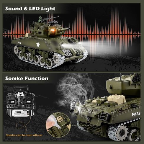 1/18 M4A3 Sherman RC Tank، دخان، ضوء LED، صوت، دبابة تحكم عن بعد 15 قناة، ألعاب عسكرية بقوة الارتداد، 60 دقيقة من أوقات اللعب، هدية ممتازة لهواة الجمع للأطفال والكبار. in Kuwait