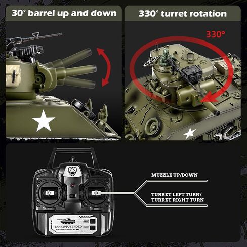 1/18 M4A3 Sherman RC Tank، دخان، ضوء LED، صوت، دبابة تحكم عن بعد 15 قناة، ألعاب عسكرية بقوة الارتداد، 60 دقيقة من أوقات اللعب، هدية ممتازة لهواة الجمع للأطفال والكبار. in Kuwait