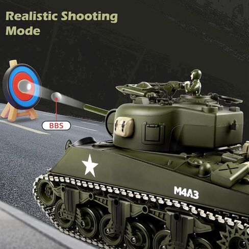 1/18 M4A3 Sherman RC Tank، دخان، ضوء LED، صوت، دبابة تحكم عن بعد 15 قناة، ألعاب عسكرية بقوة الارتداد، 60 دقيقة من أوقات اللعب، هدية ممتازة لهواة الجمع للأطفال والكبار. in Kuwait